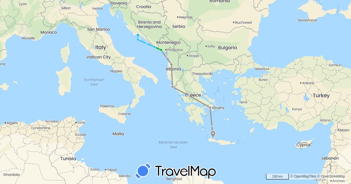 TravelMap itinerary: bus, plane, boat in Albania, Greece, Croatia, Montenegro (Europe)