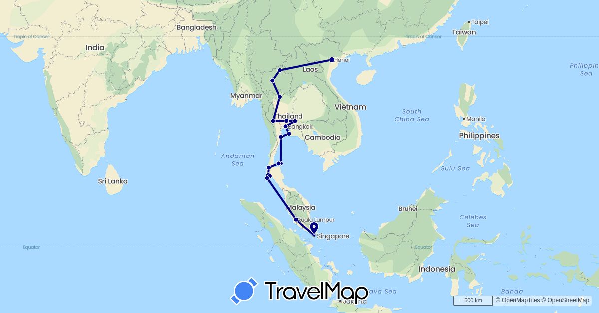 TravelMap itinerary: driving in Malaysia, Singapore, Thailand, Vietnam (Asia)